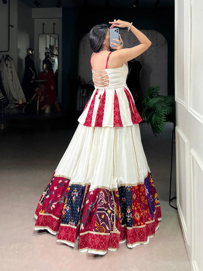 Rayon Patch Lace Work with Bandhani Print White Concept Navratri Garba Special Lehenga Choli (Ready to Wear)