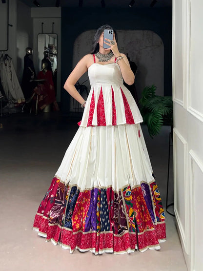 Rayon Patch Lace Work with Bandhani Print White Concept Navratri Garba Special Lehenga Choli (Ready to Wear)