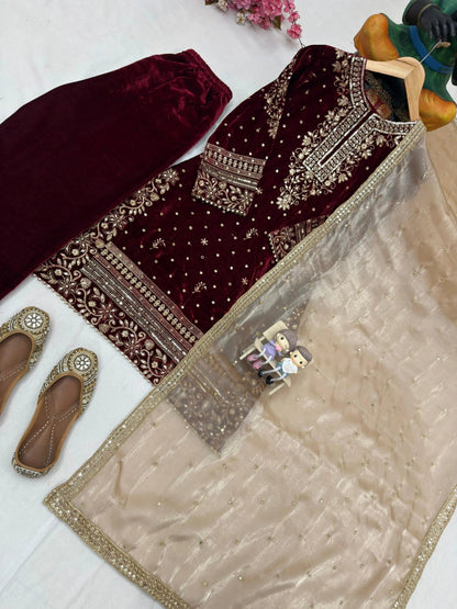 Real Moti Work with Sequence Embroidery Designer Velvet Kurti Pant Dupatta Set (Ready to Wear)