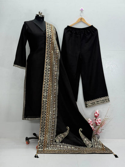 Roman Silk Embroidery Work Designer 3 Pc Kurti Palazzo Dupatta Set