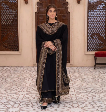 Roman Silk Embroidery Work Designer 3 Pc Kurti Palazzo Dupatta Set