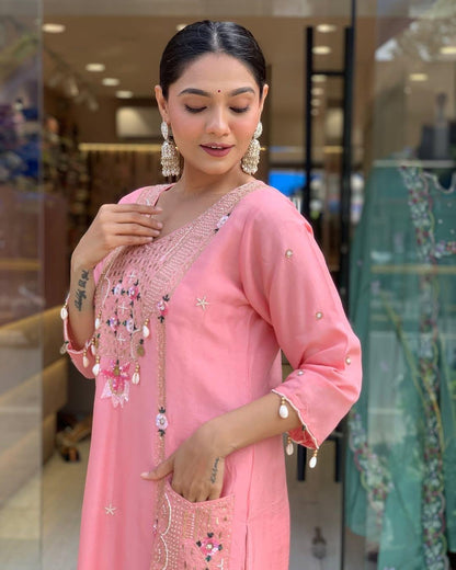 Roman Silk Original Kodi work with Hand Stone Thread Embroidery Work Summer Special Kurti Pant Dupatta Set (Fully Stitched)