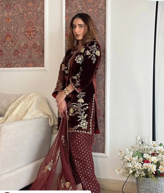 Sequence Embroidery Work Winter Special Velvet Kurti Pant Dupatta Set (Ready to Wear)