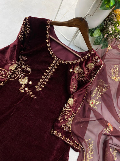 Sequence Embroidery Work Winter Special Velvet Kurti Pant Dupatta Set (Ready to Wear)