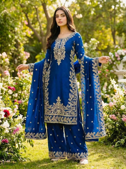 Silk Sequence Embroidery Work Designer Kurti Pant Dupatta Set
