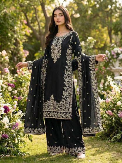 Silk Sequence Embroidery Work Designer Kurti Pant Dupatta Set