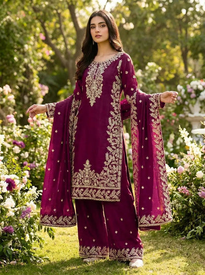 Silk Sequence Embroidery Work Designer Kurti Pant Dupatta Set