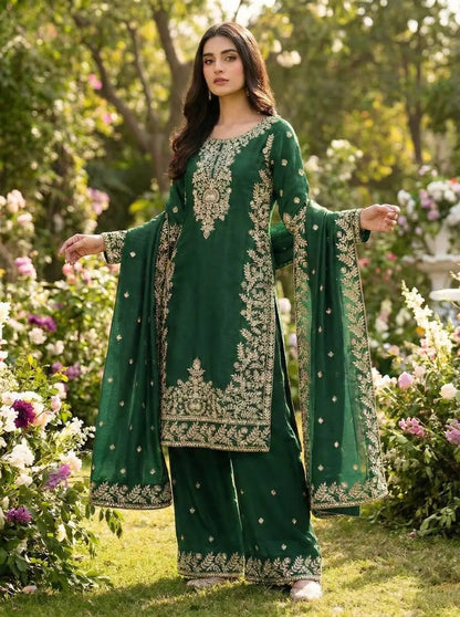 Silk Sequence Embroidery Work Designer Kurti Pant Dupatta Set