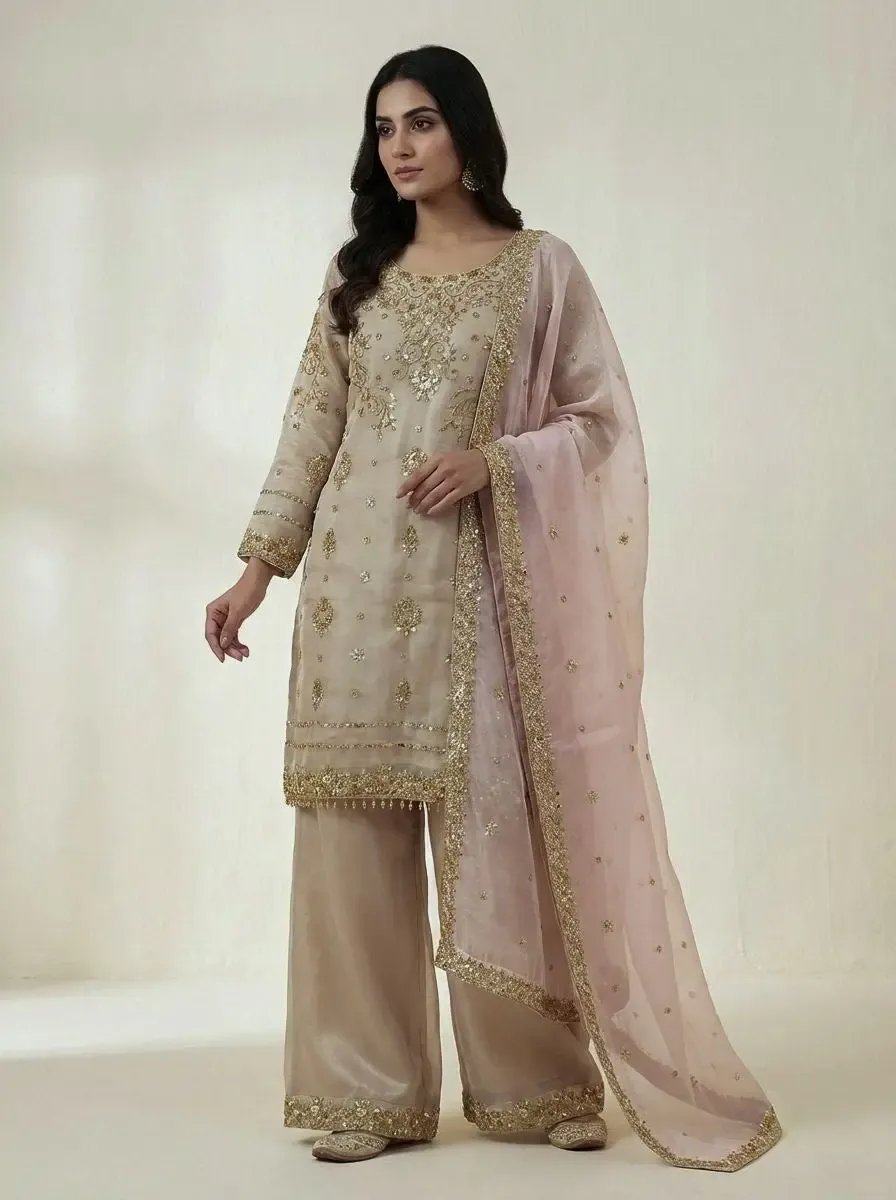 Silk Sequence Embroidery Work Designer Kurti Pant Dupatta Set