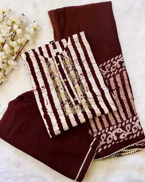 Soft Cotton Batik Neckline work Kurti Pant Dupatta Set (Stitched)