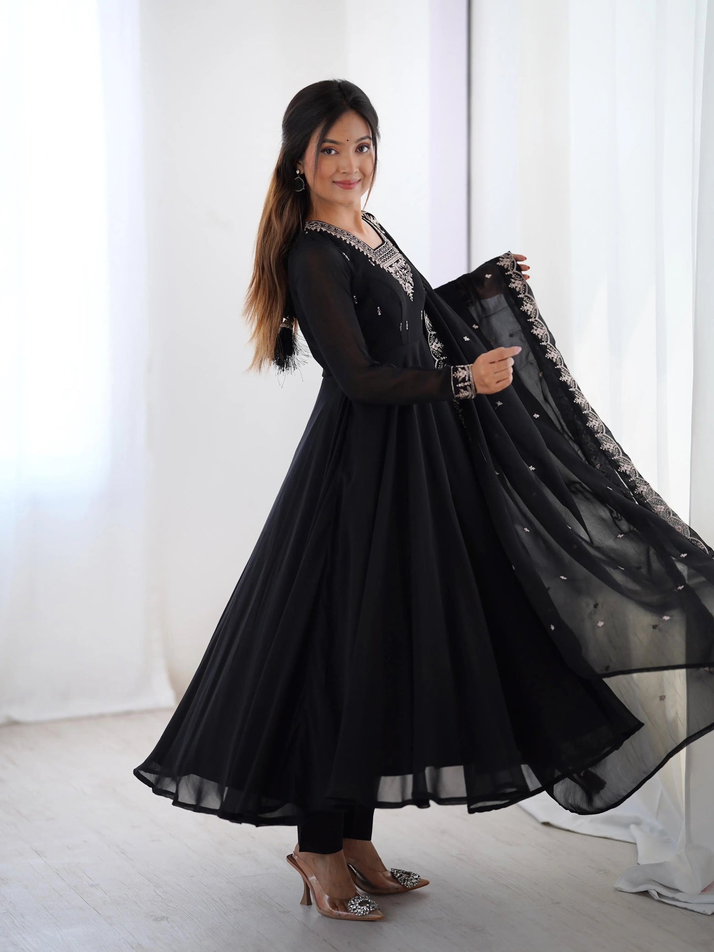 Soft Faux Georgette Black Beauty Anarkali Flair Party Wear Kurti Pant Dupatta Set (Ready to Wear)