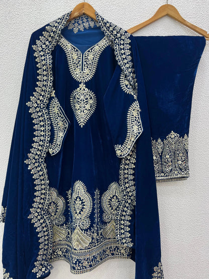 Viscos Seuqence Embroidery Work Designer Velvet Kurti Pant Dupatta Set (Ready to Wear)