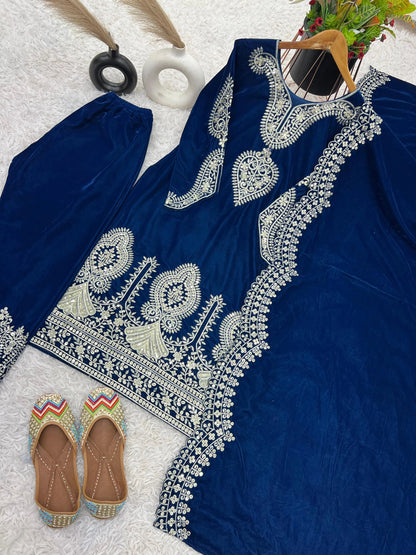 Viscos Seuqence Embroidery Work Designer Velvet Kurti Pant Dupatta Set (Ready to Wear)