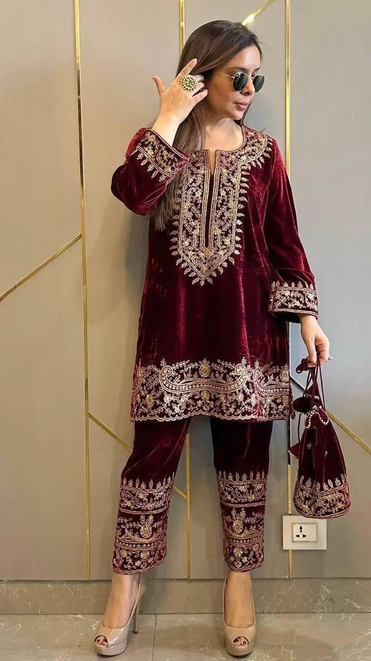 Viscose Velvet Embroidery Work Velvet Cord Set for Winter (Ready to Wear)