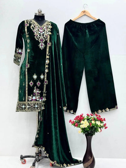 Viscose Velvet Sequence Embroidery Work Designer Party Wear Velvet Kurti Palazzo Dupatta Set (Ready to Wear)