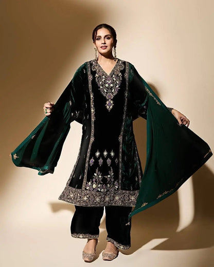 Viscose Velvet Sequence Embroidery Work Designer Party Wear Velvet Kurti Palazzo Dupatta Set (Ready to Wear)