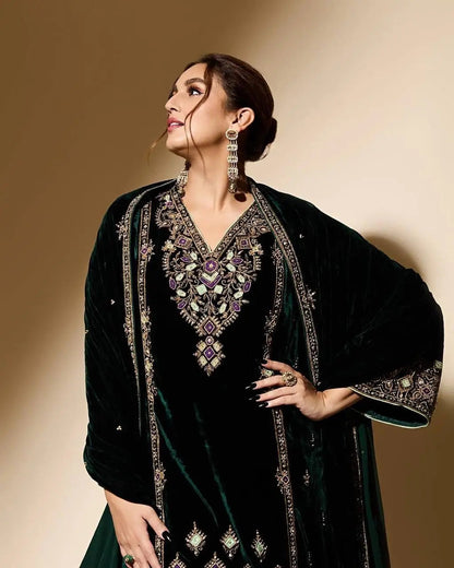 Viscose Velvet Sequence Embroidery Work Designer Party Wear Velvet Kurti Palazzo Dupatta Set (Ready to Wear)