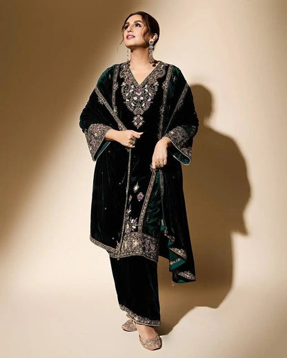 Viscose Velvet Sequence Embroidery Work Designer Party Wear Velvet Kurti Palazzo Dupatta Set (Ready to Wear)