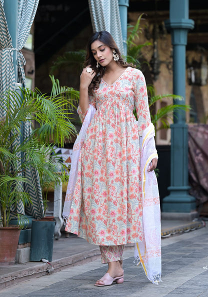 Orange Floral Cotton Suit Set