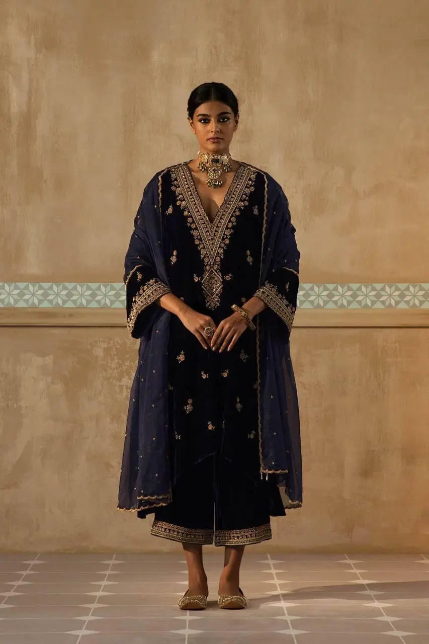 Winter Special Neck Thread Embroidery work Velvet Kurti Pant Set ( Fully Stitched)