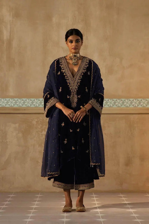 Winter Special Neck Thread Embroidery work Velvet Kurti Pant Set ( Fully Stitched)