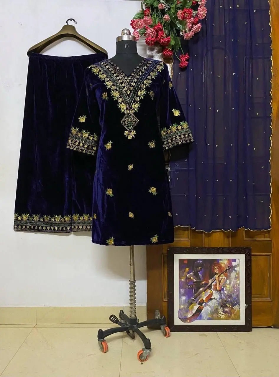 Winter Special Neck Thread Embroidery work Velvet Kurti Pant Set ( Fully Stitched)