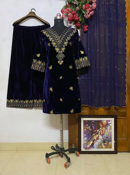 Winter Special Neck Thread Embroidery work Velvet Kurti Pant Set ( Fully Stitched)