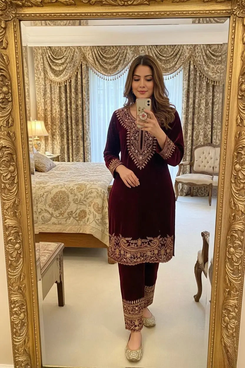 Zari Embroidery Work Ready to Wear Velvet Kurti Pant Set