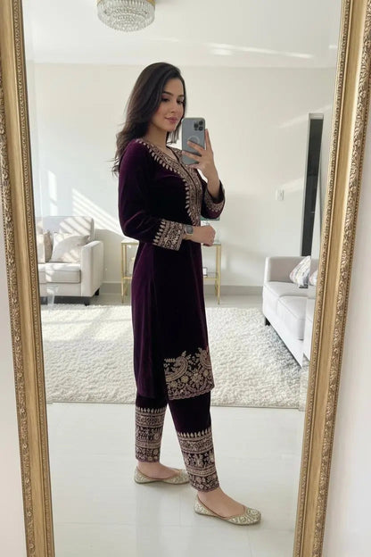 Zari Embroidery Work Ready to Wear Velvet Kurti Pant Set