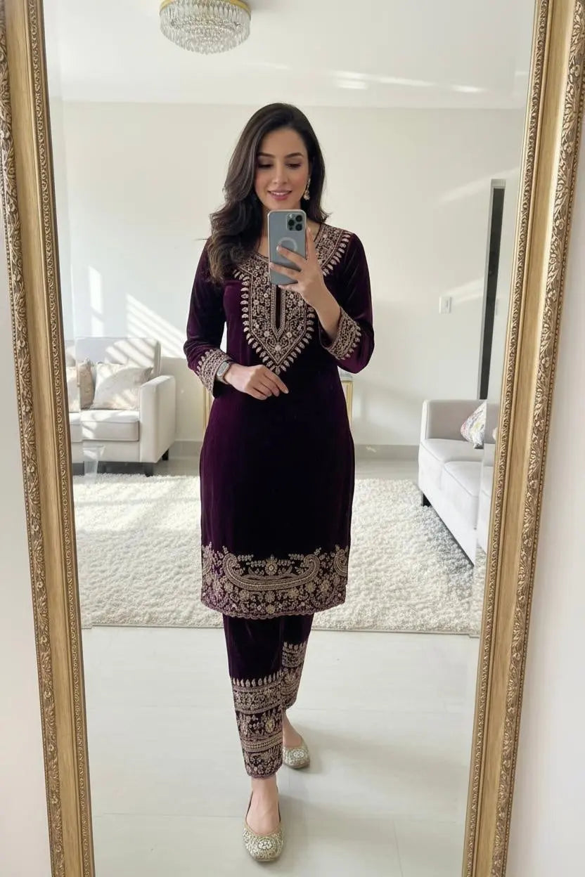 Zari Embroidery Work Ready to Wear Velvet Kurti Pant Set
