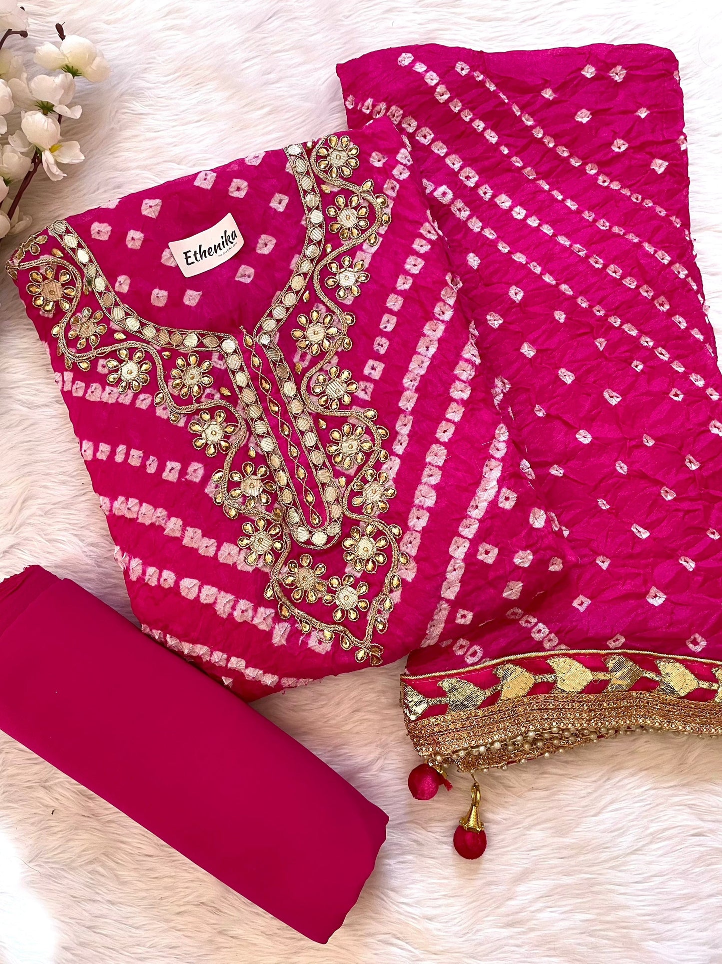 Silk Fabric Neck work with Fumka Work Dupatta Bandhani Dress Material ( Unstitched)