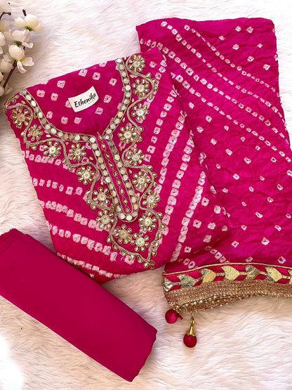 Silk Fabric Neck work with Fumka Work Dupatta Bandhani Dress Material ( Unstitched)