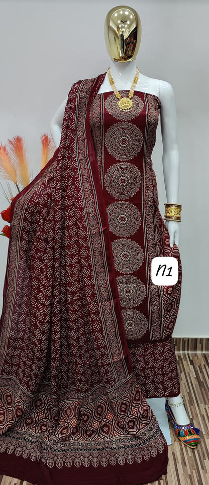 Original silk Hand Crafted Ajrakh Dress Material